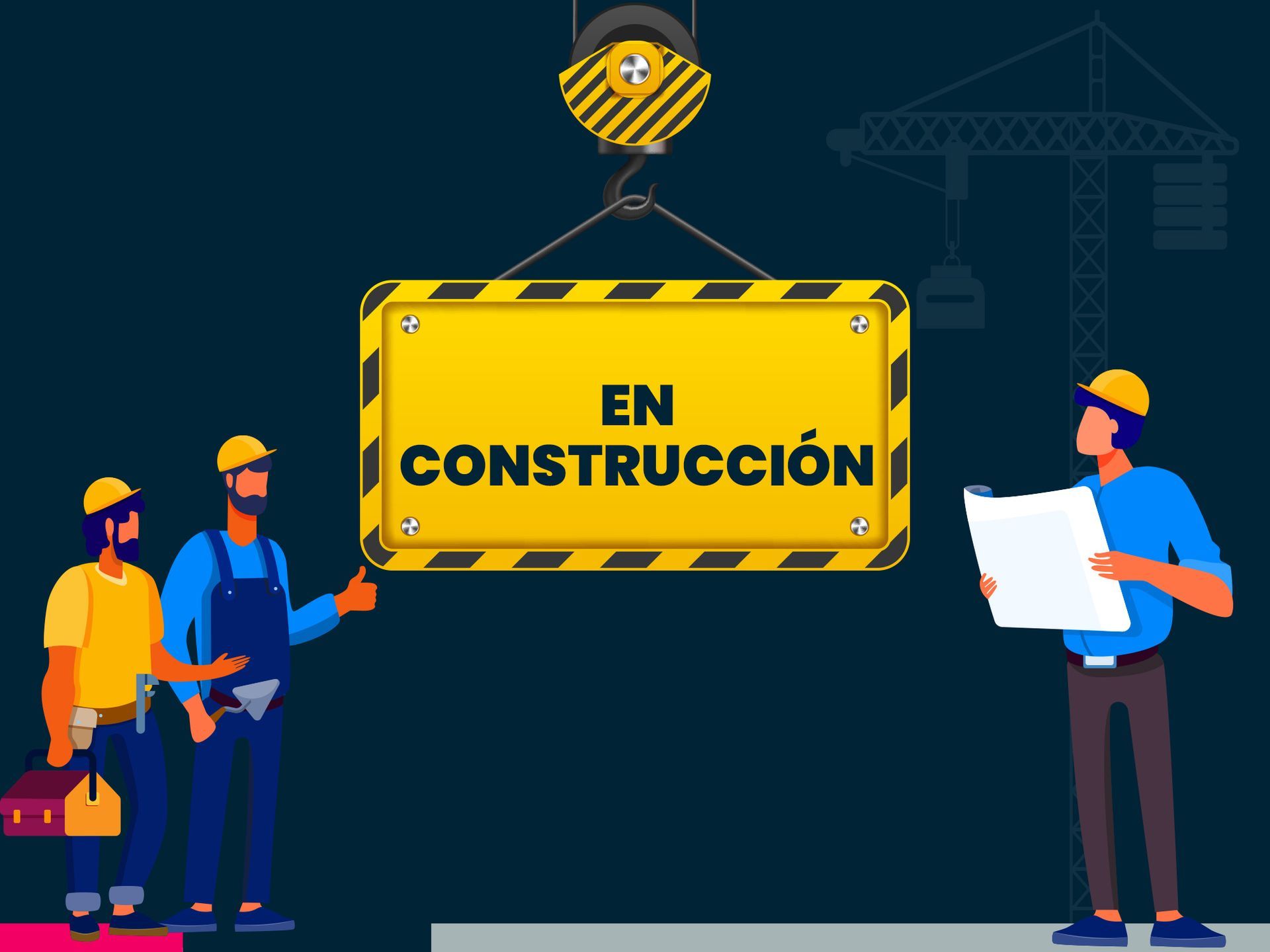 Un grupo de trabajadores de la construcción de pie junto a un cartel que dice "en construcción".
