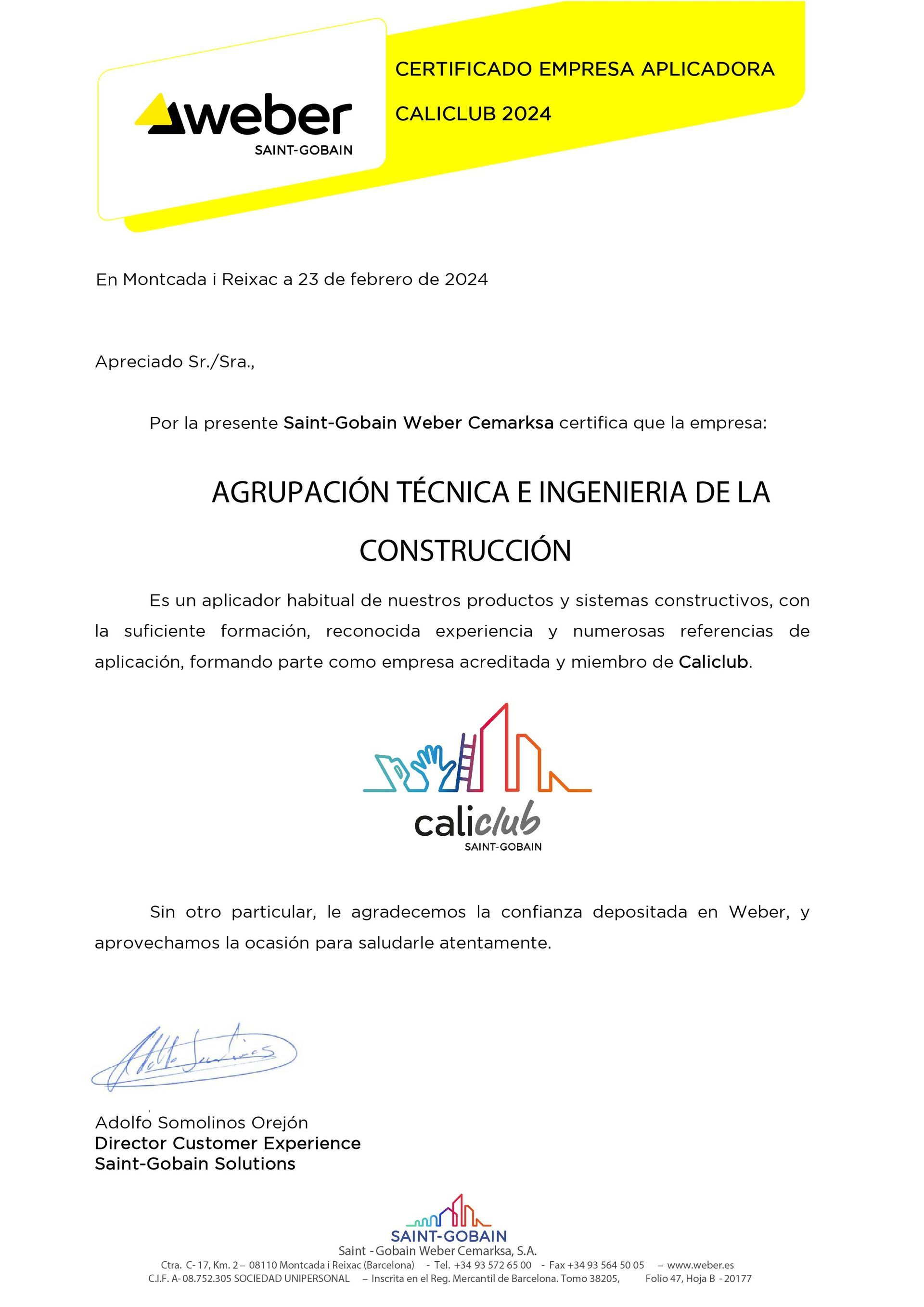 Un certificado amarillo con el logotipo de Weber sobre un fondo blanco.