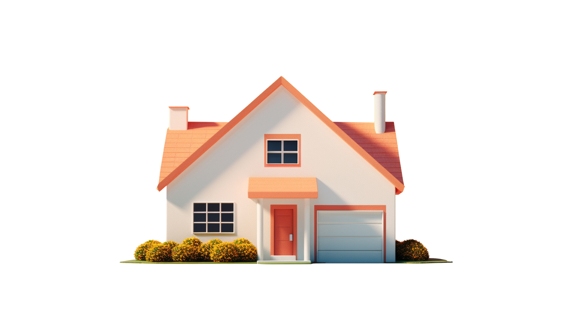 Maison blanche avec toit, porte et porte de garage orange ; petits buissons à la base.
