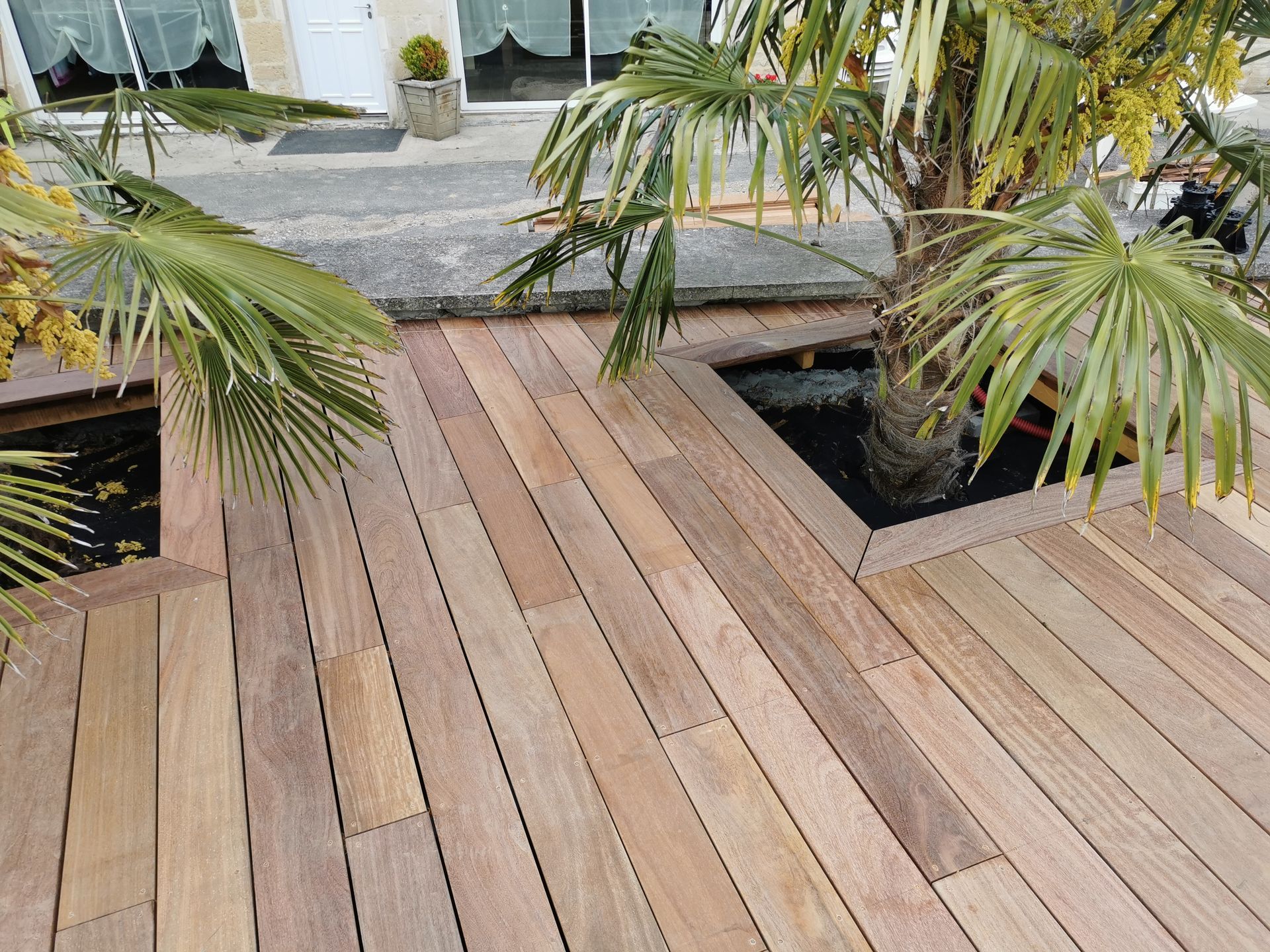 Terrasse en bois avec palmiers dans des jardinières surélevées.