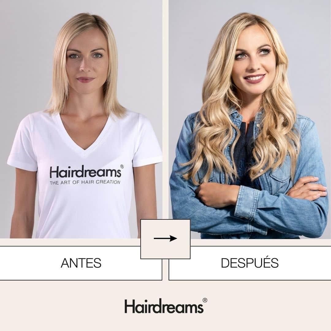 Mujer rubia antes y después de las extensiones de cabello. Lleva una camisa blanca y sonríe, y luego una chaqueta vaquera.