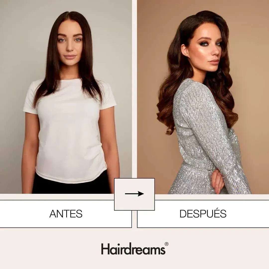 Mujer antes y después de un cambio de peinado. Izquierda: Cabello lis