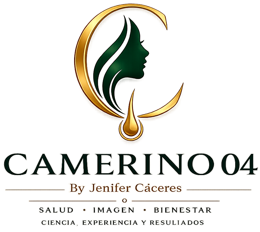 Logo de Camerino 04: silueta femenina verde en marco dorado, con texto negro y dorado.