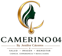 Logo de Camerino 04: silueta femenina verde en marco dorado, con texto negro y dorado.