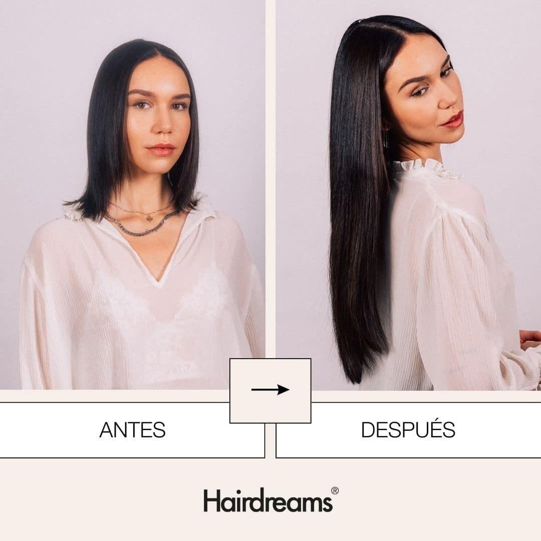 Antes y después: Mujer con cabello corto se transforma en cabello largo y liso, publicidad de Hairdreams.