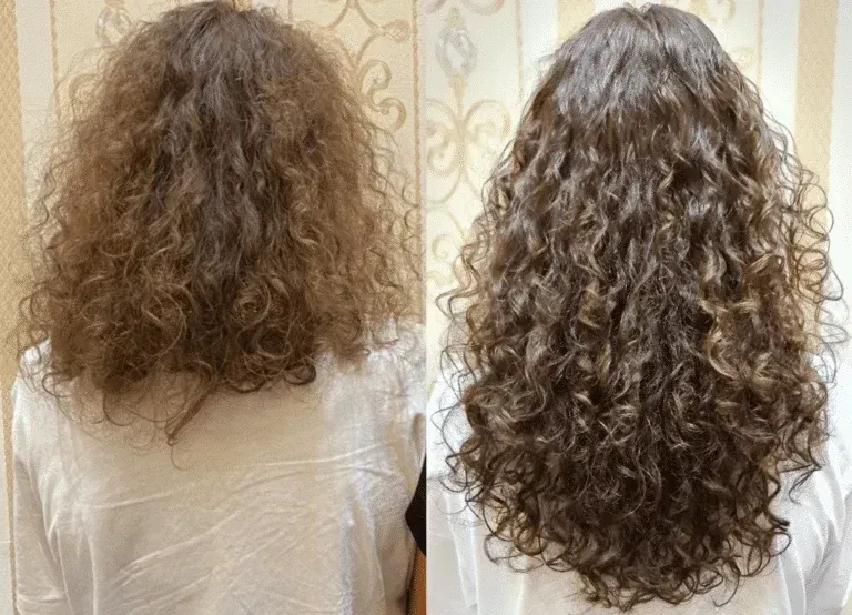 Imágenes del antes y el después del cabello rizado. Izquierda: Rizos encrespados. Derecha: Rizos definidos e hidratados.
