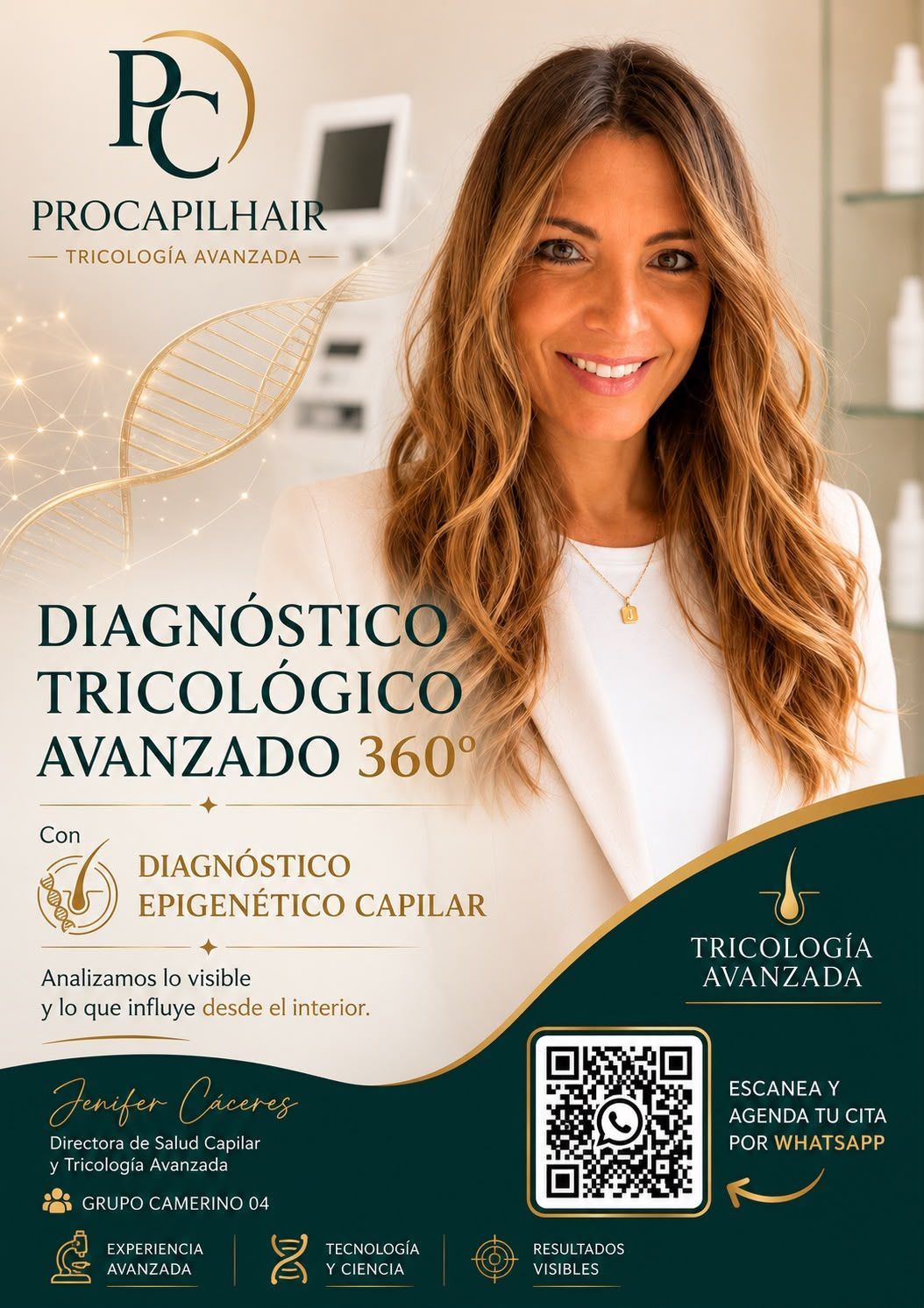 Cartel promocional para el diagnóstico tricológico Procapilhair, con la imagen de una mujer sonriente y un código QR.