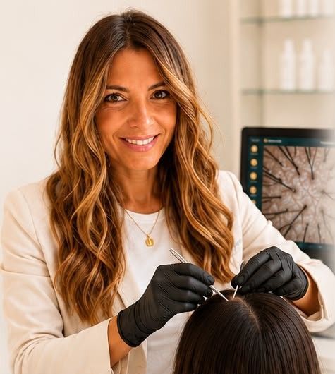Una estilista con guantes negros trabaja en el cabello de una clienta en una luminosa oficina de peluquería.