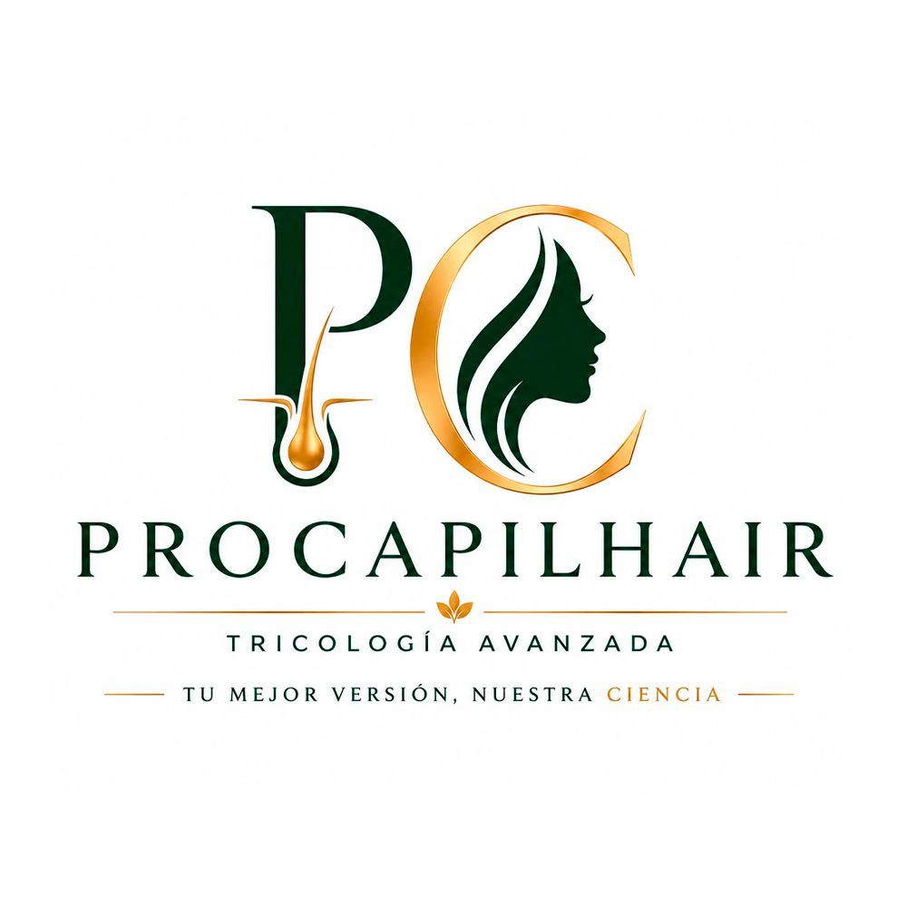 Logotipo de Procapil Hair en verde y dorado con un perfil femenino estilizado y el lema “Tricología Avanzada”.