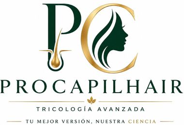Logo de Procapil Hair en verde y dorado con silueta femenina y texto “Tricología Avanzada”