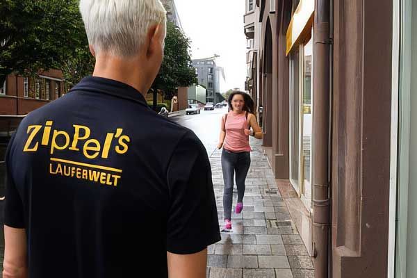 Ein Mann in einem schwarzen Hemd mit Logo beobachtet eine Frau, die auf dem Bürgersteig der Stadt joggt.