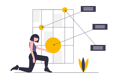 Eine kniende Frau zeigt auf ein Raster mit gelben Kreisen, die mit Textfeldern verbunden sind.