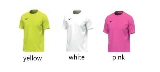 Drei kurzärmelige Hemden: gelb, weiß und marineblau. Jedes hat ein kleines Logo auf der Brust.