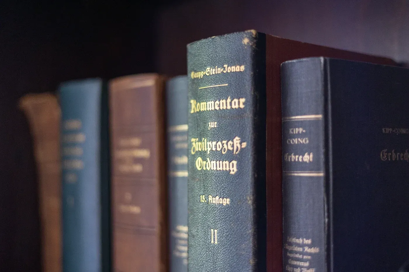 Eine Reihe alter Hardcover-Bücher in einem Regal, deren Buchrücken im warmen Licht verschwommen erscheinen.
