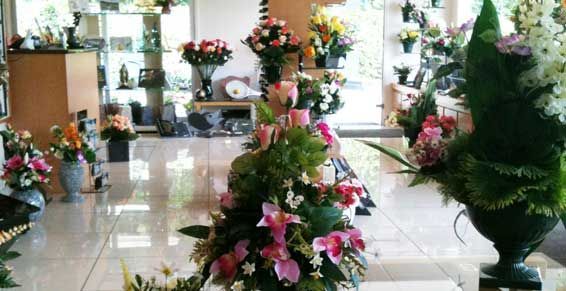 Des compositions florales sont exposées dans un showroom intérieur lumineux, avec des sols et des fenêtres cirés.