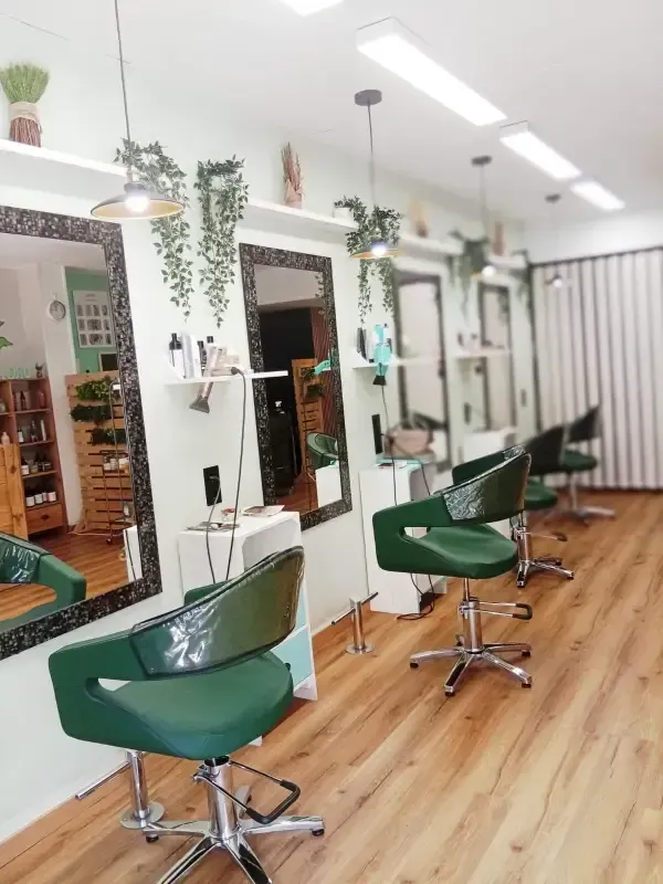 Interior de peluquería con sillas verdes, espejos y plantas colgantes.
