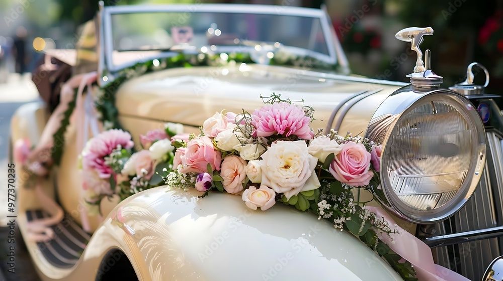 Ein mit Blumen und Bändern geschmücktes Hochzeitsauto steht am Strassenrand.