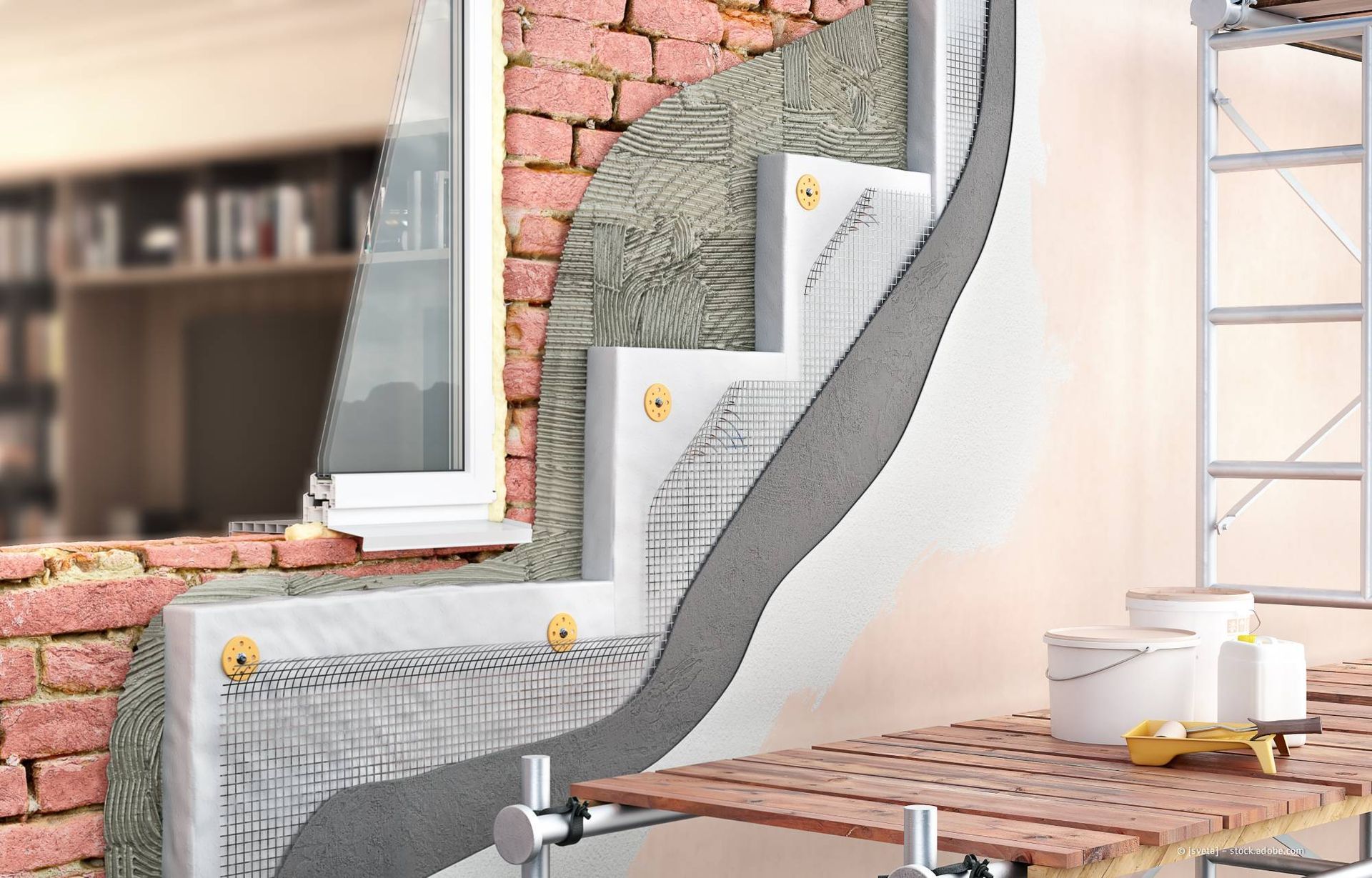 Schnittansicht einer Hauswand, die die Dämmschichten um ein Fenster herum zeigt: Ziegel, Schaumstoff und Stuck.