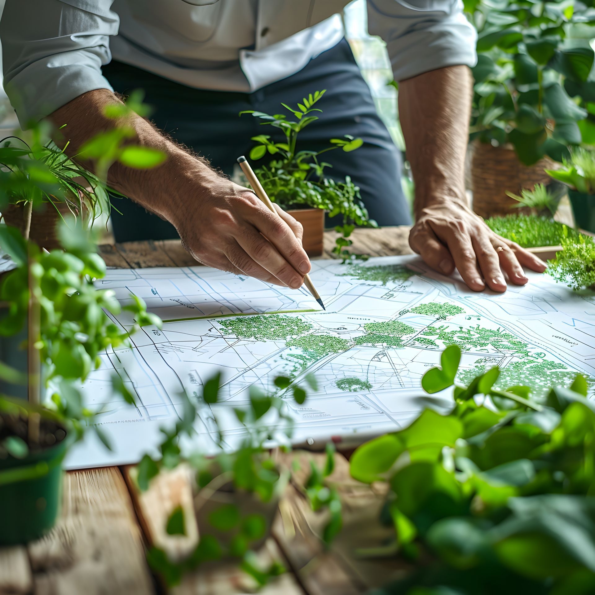 Personne en train de dessiner sur un plan avec des plantes autour.