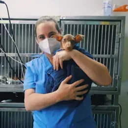 Una mujer que lleva una máscara sostiene un pequeño perro en sus brazos.