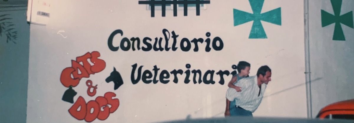 Un cartel en una pared que dice consultorio veterinario.