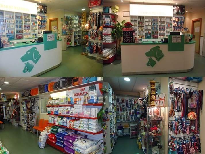 Un collage de cuatro fotografías de una tienda de mascotas.