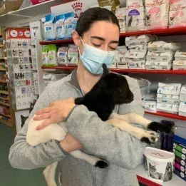 Una mujer que lleva una máscara sostiene un cachorro en sus brazos.