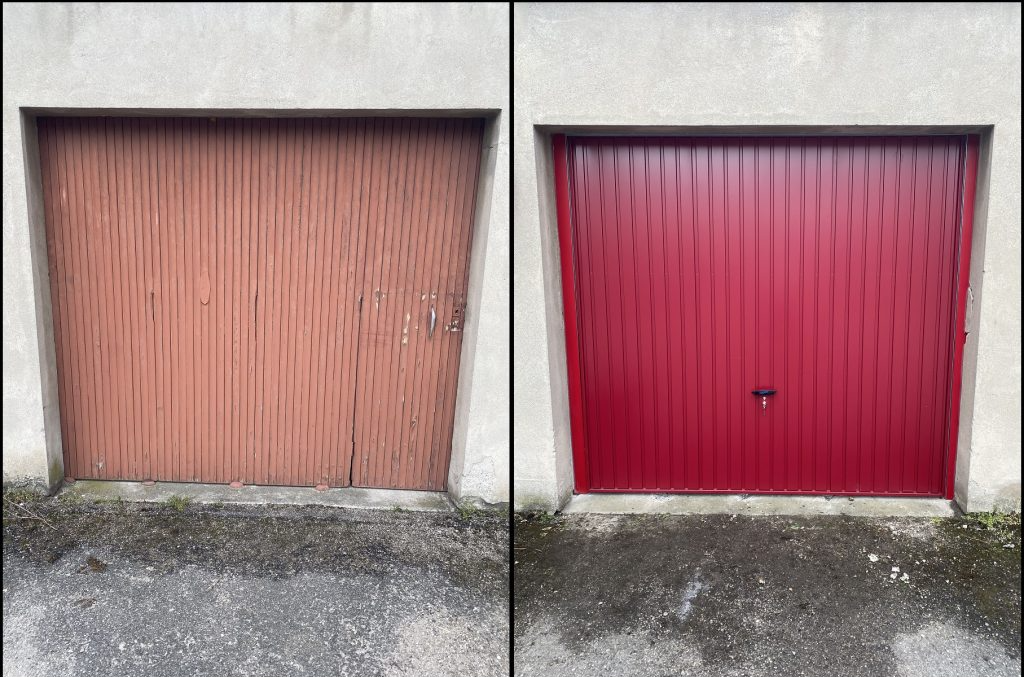 Image intérieure avant après d'une porte de garage rouge neuve