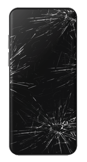 ein Smartphone mit einem zerbrochenen Bildschirm auf weißem Hintergrund