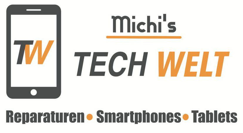 ein Logo für michi 's tech welt mit einem Smartphone darauf .