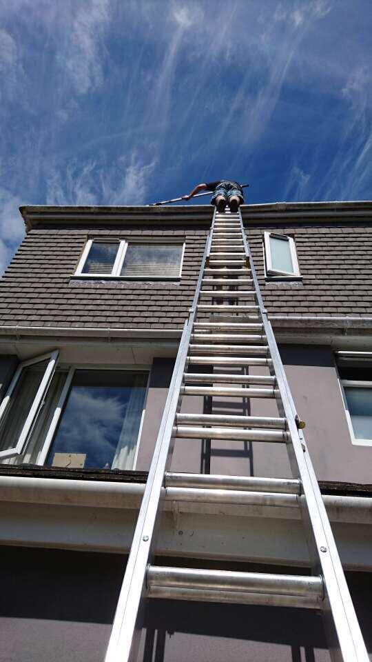 Tall ladder leaning against a house exterior under a blue sky