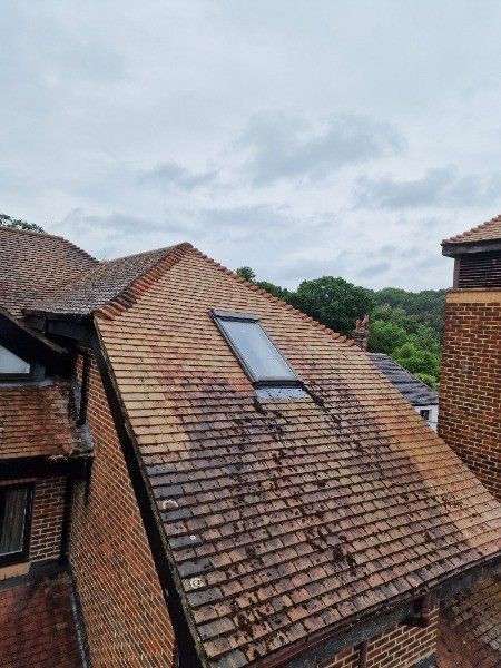 Red-tiled rooftops with a skylight under a cloudy sky.