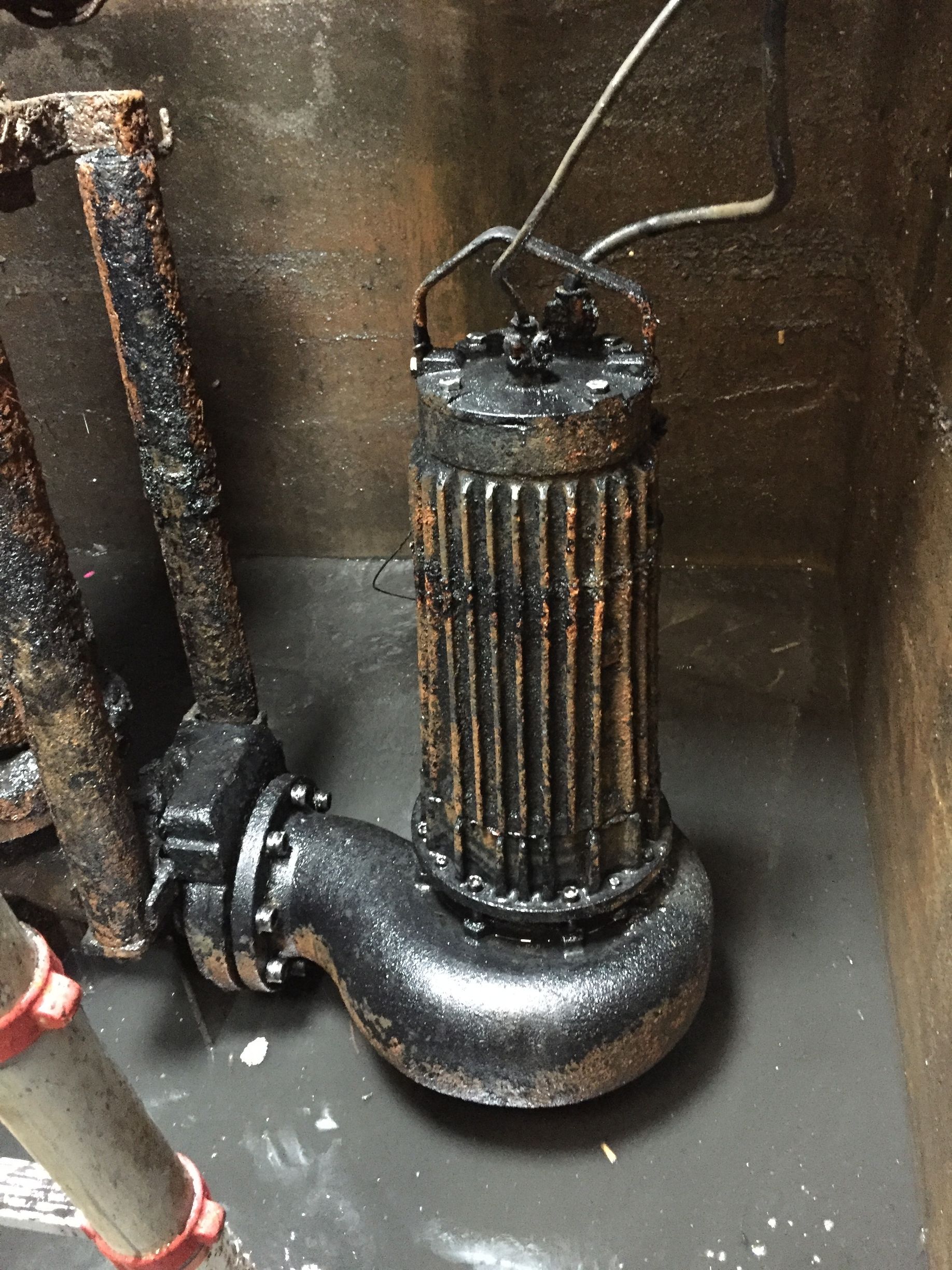 Une pompe noire est assise dans une pièce sale.