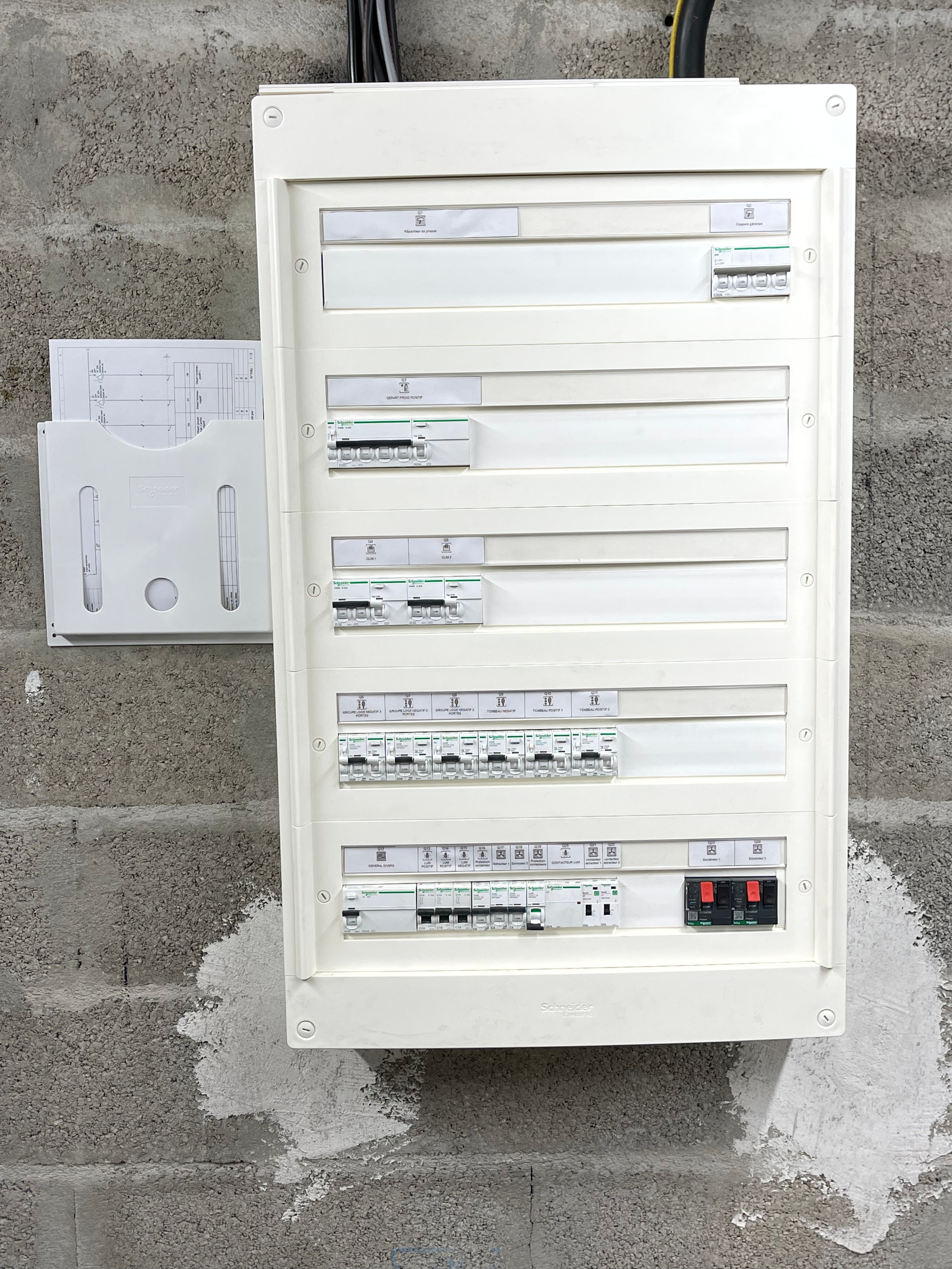 Un boîtier électrique blanc est accroché à un mur en béton.