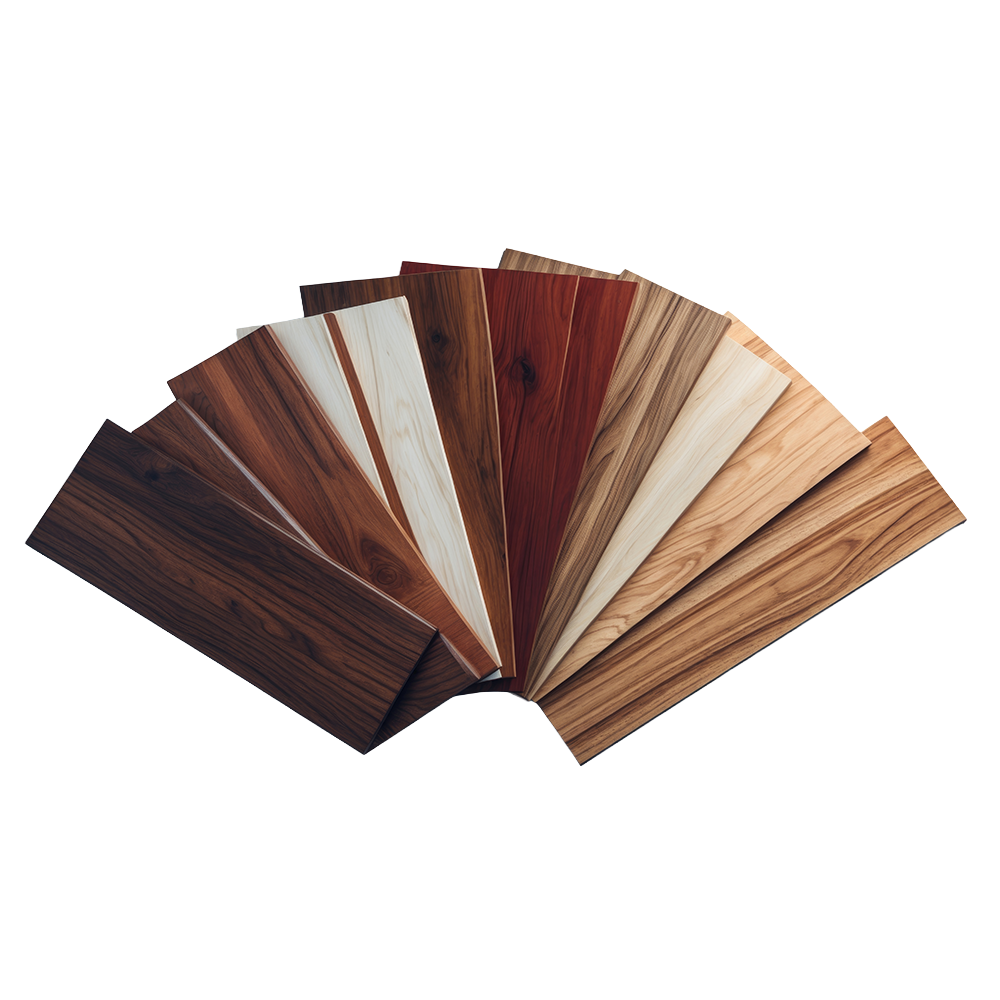 Divers échantillons de parquets en bois étaient disposés en éventail, présentant différentes couleurs et motifs de grain.