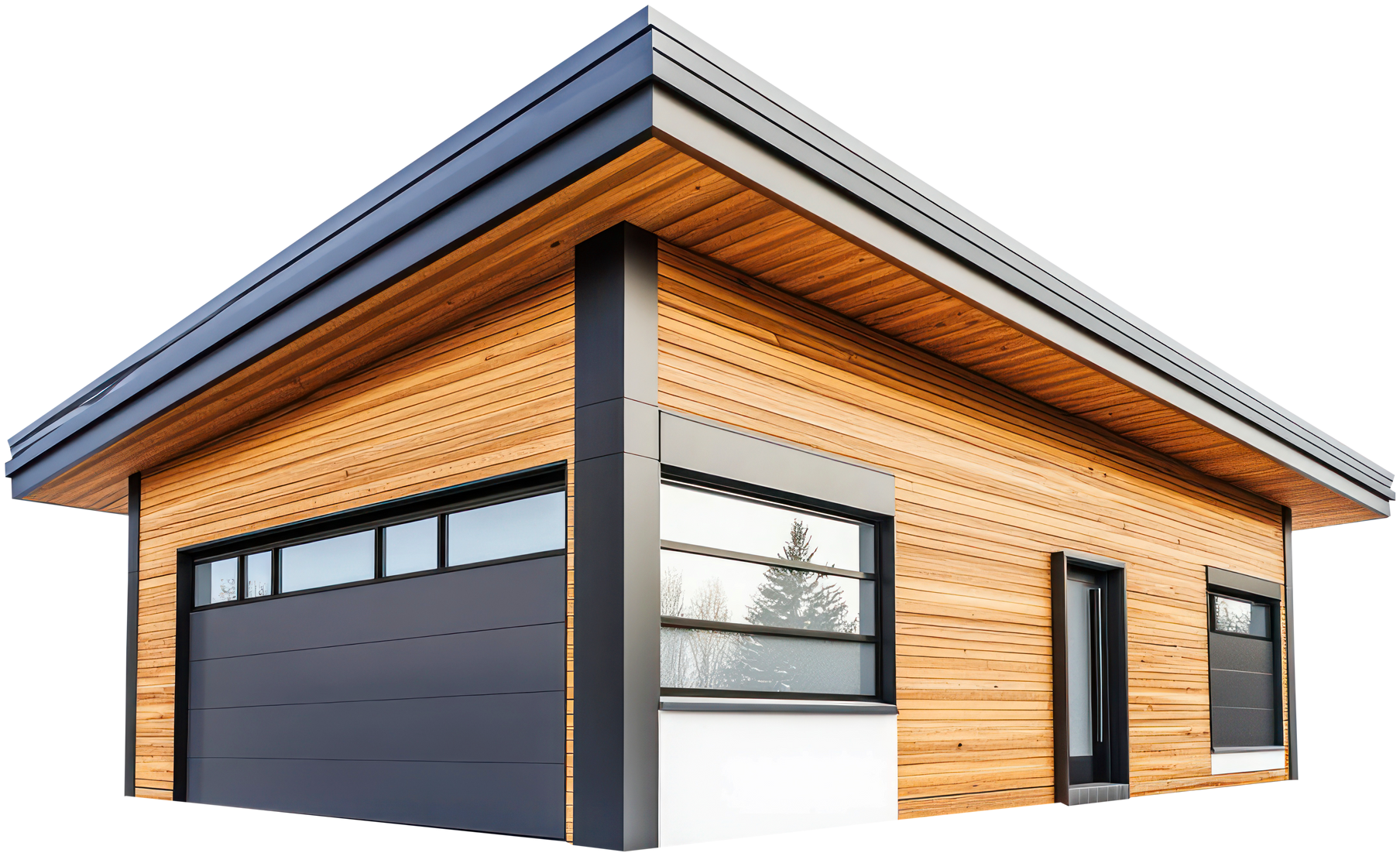 Bâtiment de garage moderne en bois et noir, avec de grandes fenêtres et une porte de garage grise.