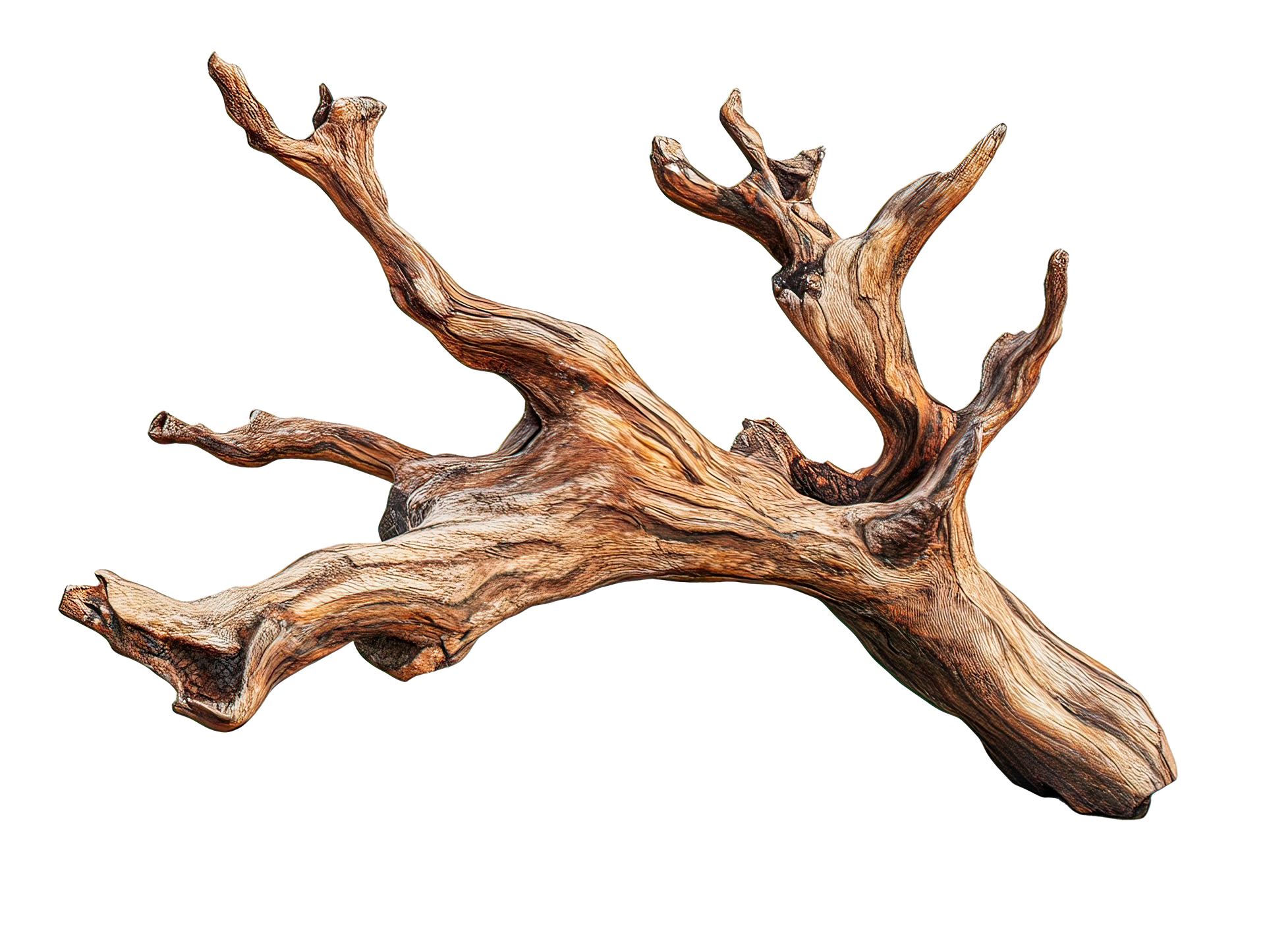 Bois flotté brun aux nombreuses branches, isolé.