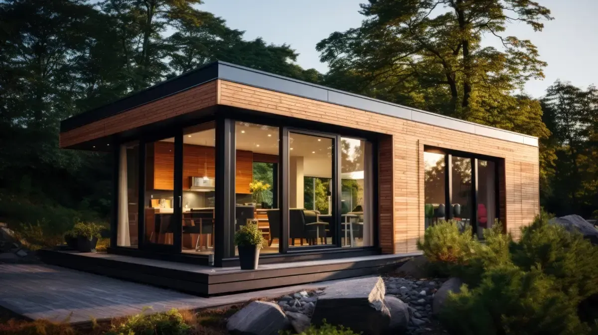 Cabaña moderna con revestimiento de madera y grandes ventanales en zona boscosa.