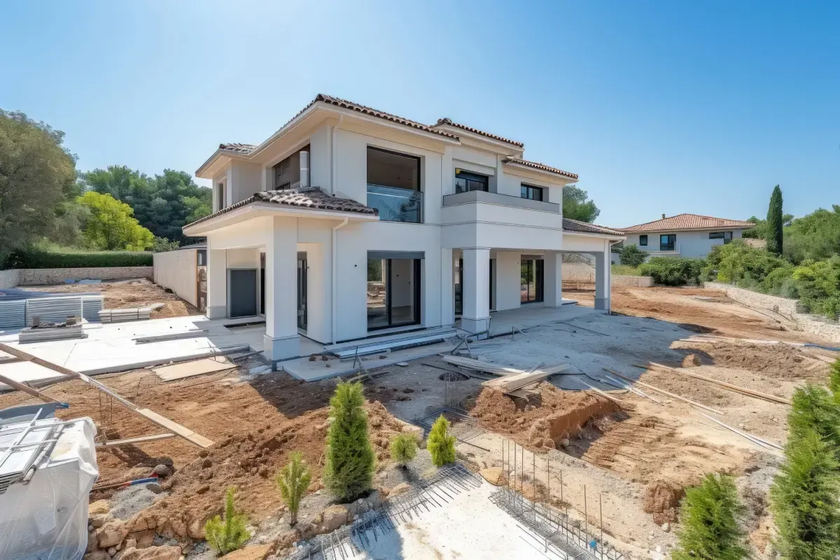 Casa blanca de dos pisos en construcción con tierra marrón, cielo azul y árboles verdes en el fondo.