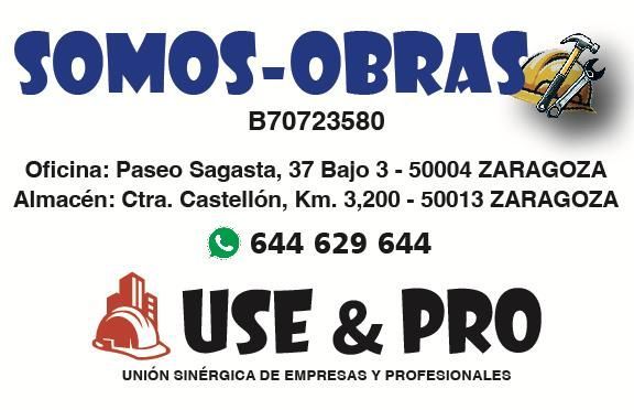 Tarjeta de presentación de la empresa constructora “SOMOS-OBRAS” con datos de contacto y logotipo “USE & PRO”.