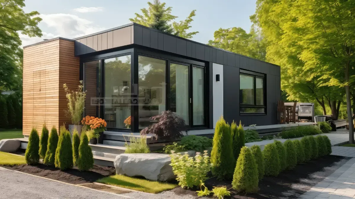 Casa moderna de una sola planta con exterior gris oscuro, amplios ventanales y detalles en madera.