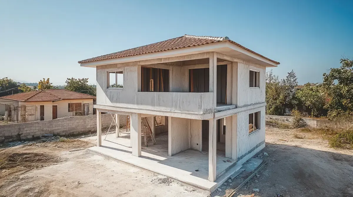 Casa de dos plantas en construcción con techo de teja de barro, situada al aire libre en un día soleado.