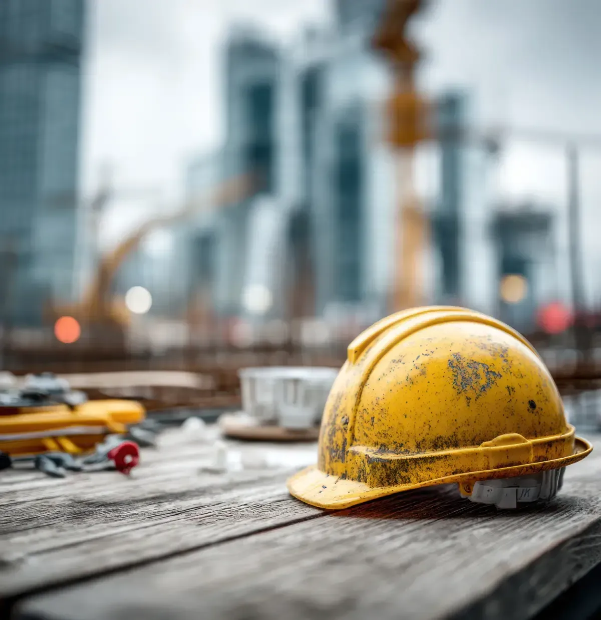 Casco de construcción amarillo sobre una superficie de madera en un sitio de construcción con edificios borrosos.
