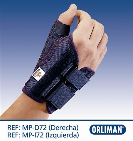 Muñequera y soporte para el pulgar de color negro, con el logotipo de Orliman y texto de referencia del producto.