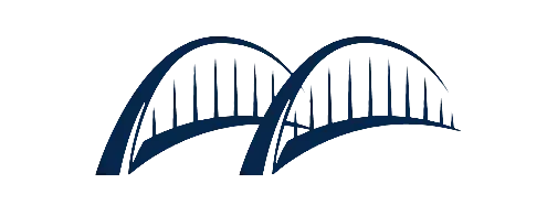 Un dibujo azul y blanco de un puente sobre un fondo blanco.