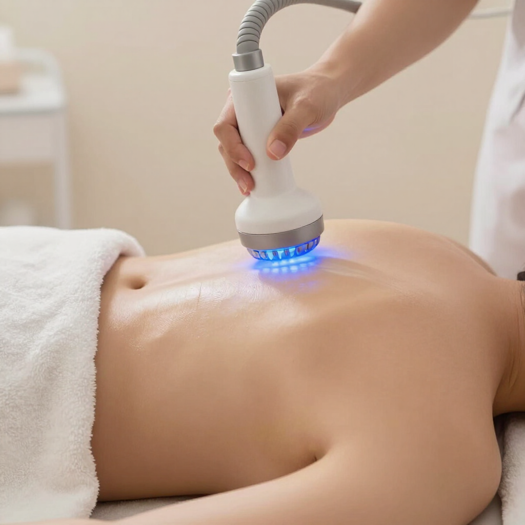 Terapeuta de spa usando un dispositivo de masaje con luz azul en la espalda desnuda de una persona