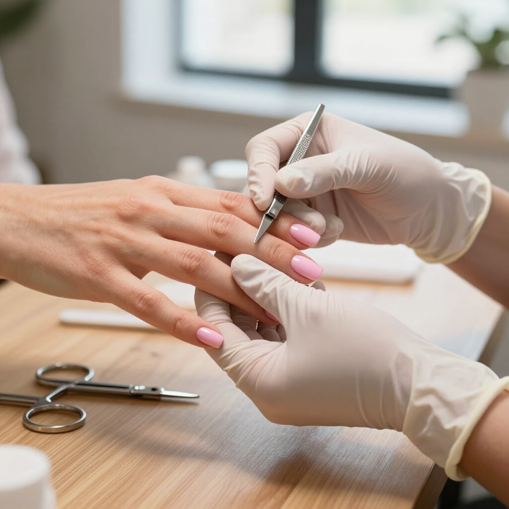 Una manicurista aplica esmalte rosa en las uñas de una clienta en una mesa del salón