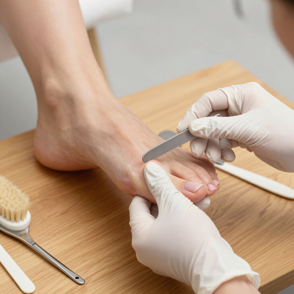 Manos enguantadas liman la uña de un pie descalzo sobre una mesa de madera, con herramientas de manicura cerca