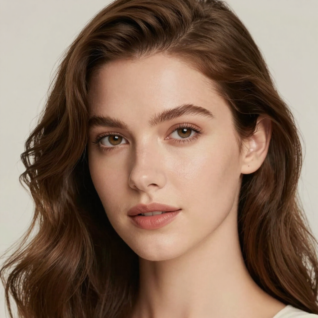 Retrato de una mujer de cabello castaño ondulado y expresión neutra sobre un fondo beige