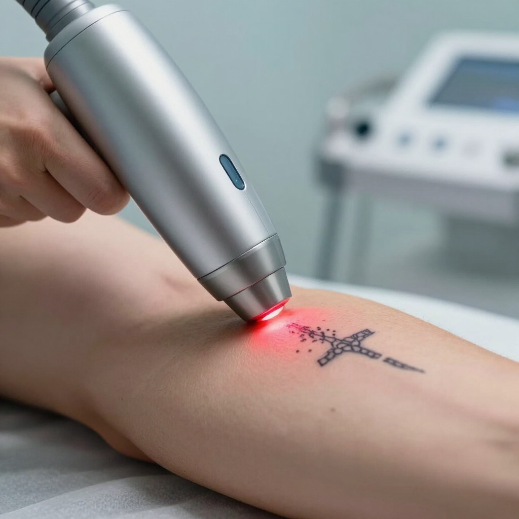 Eliminación de un tatuaje del brazo con láser, con una luz roja dirigida a un tatuaje pequeño.